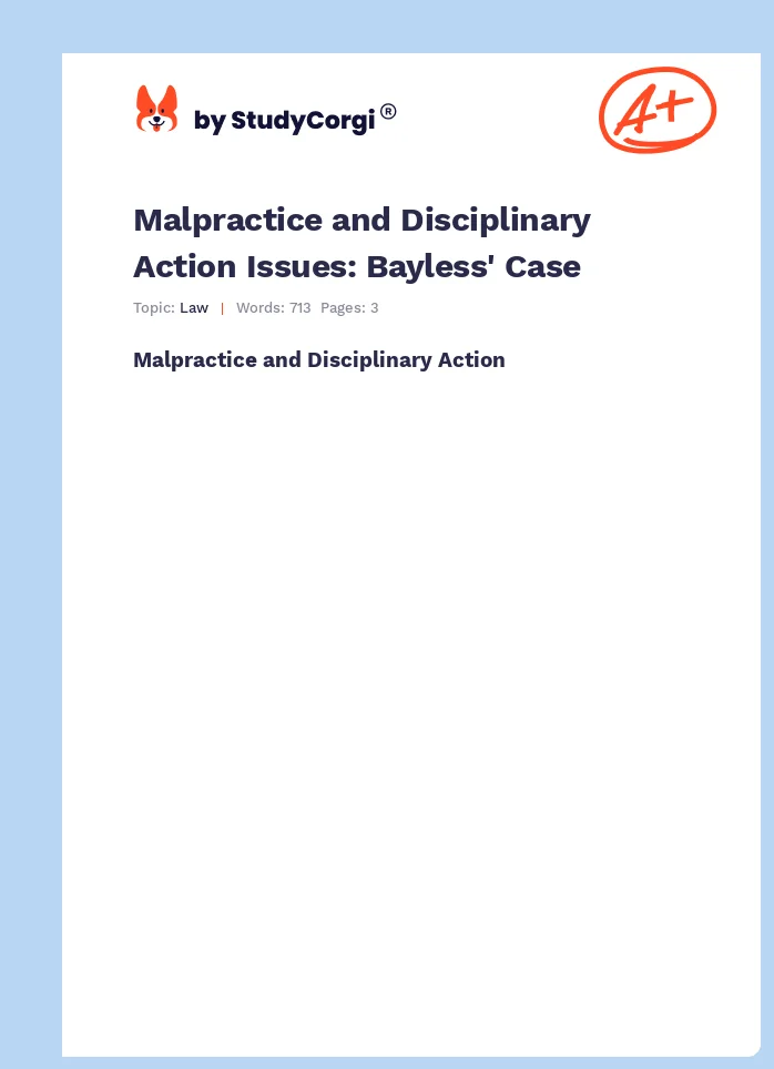 Malpractice and Disciplinary Action Issues: Bayless' Case. Page 1