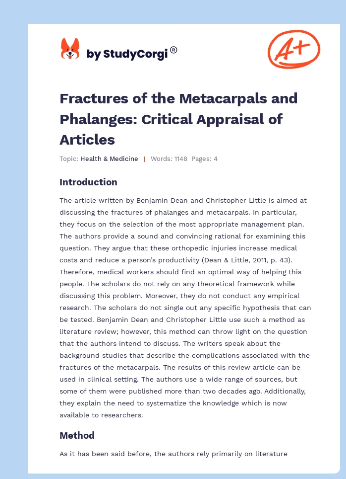 Fractures of the Metacarpals and Phalanges: Critical Appraisal of Articles. Page 1