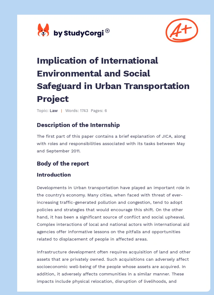 Implication of International Environmental and Social Safeguard in Urban Transportation Project. Page 1