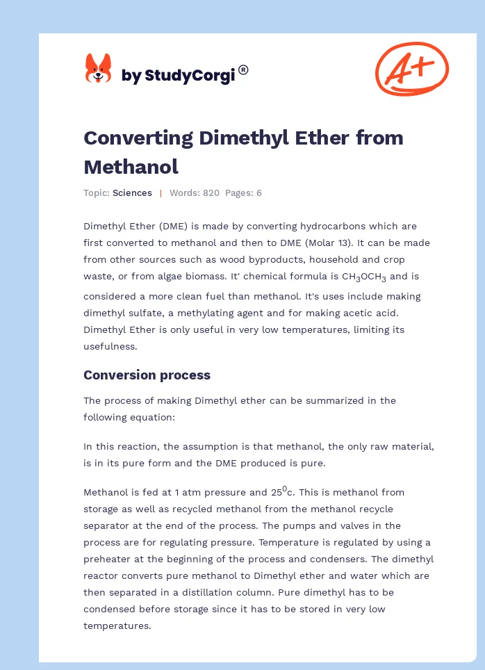 Converting Dimethyl Ether from Methanol. Page 1