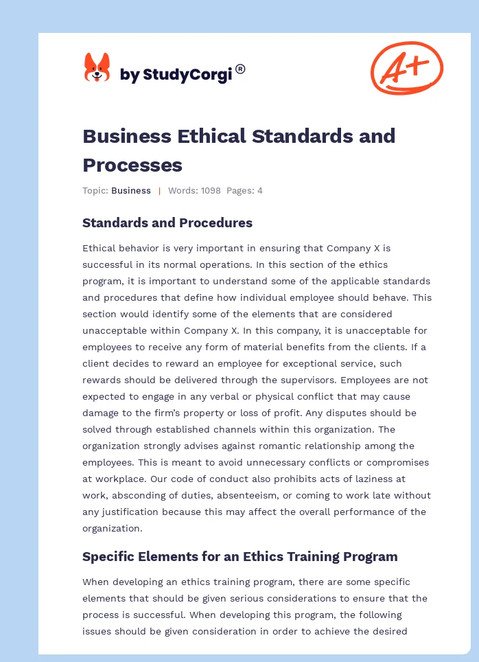 Business Ethical Standards and Processes. Page 1