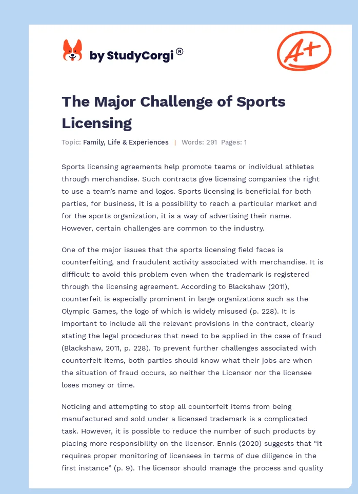 The Major Challenge of Sports Licensing. Page 1