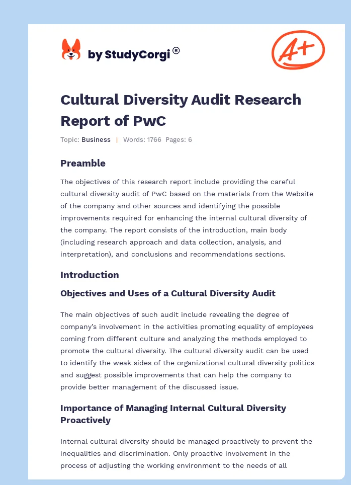 Cultural Diversity Audit Research Report of PwC. Page 1