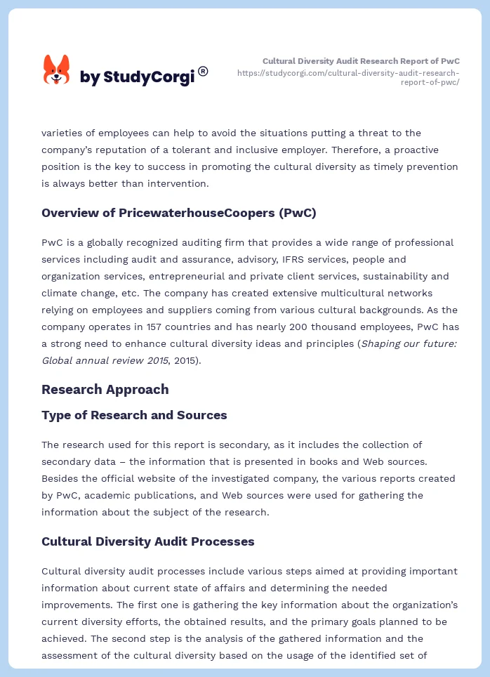 Cultural Diversity Audit Research Report of PwC. Page 2