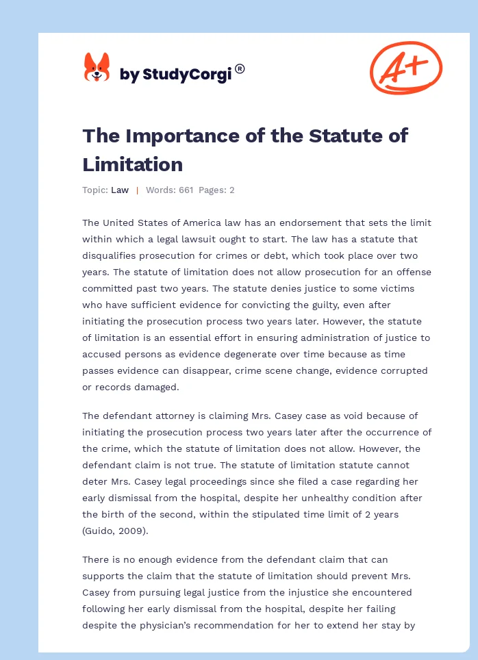 The Importance of the Statute of Limitation. Page 1