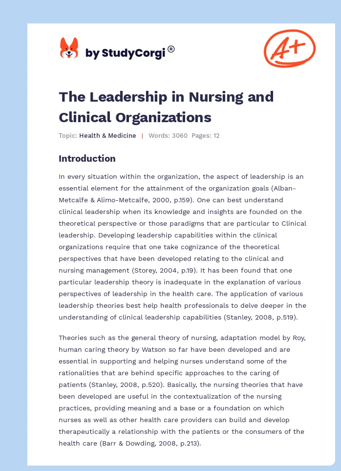 The Leadership in Nursing and Clinical Organizations. Page 1