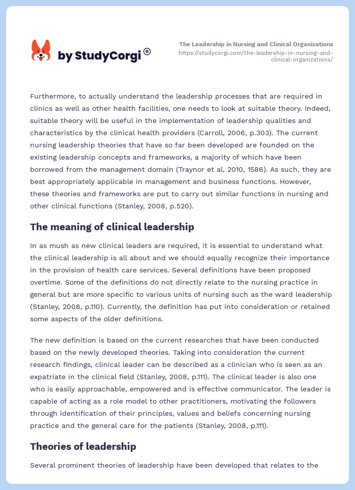 The Leadership in Nursing and Clinical Organizations. Page 2