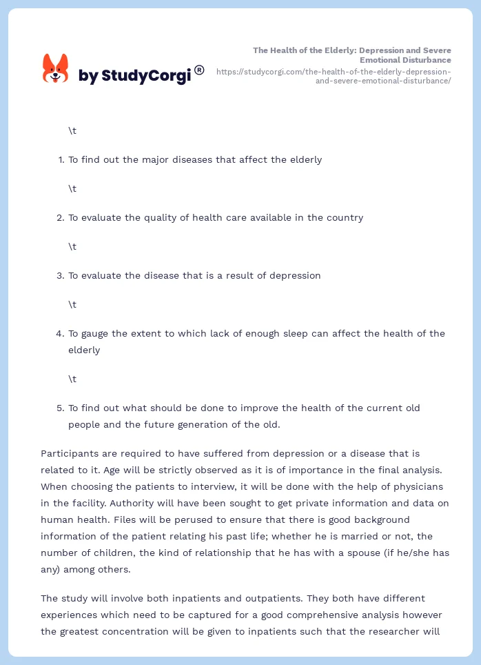 The Health of the Elderly: Depression and Severe Emotional Disturbance. Page 2