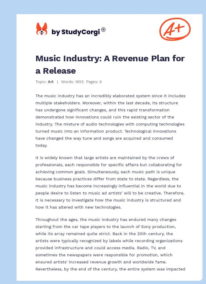 Music Industry: A Revenue Plan for a Release. Page 1