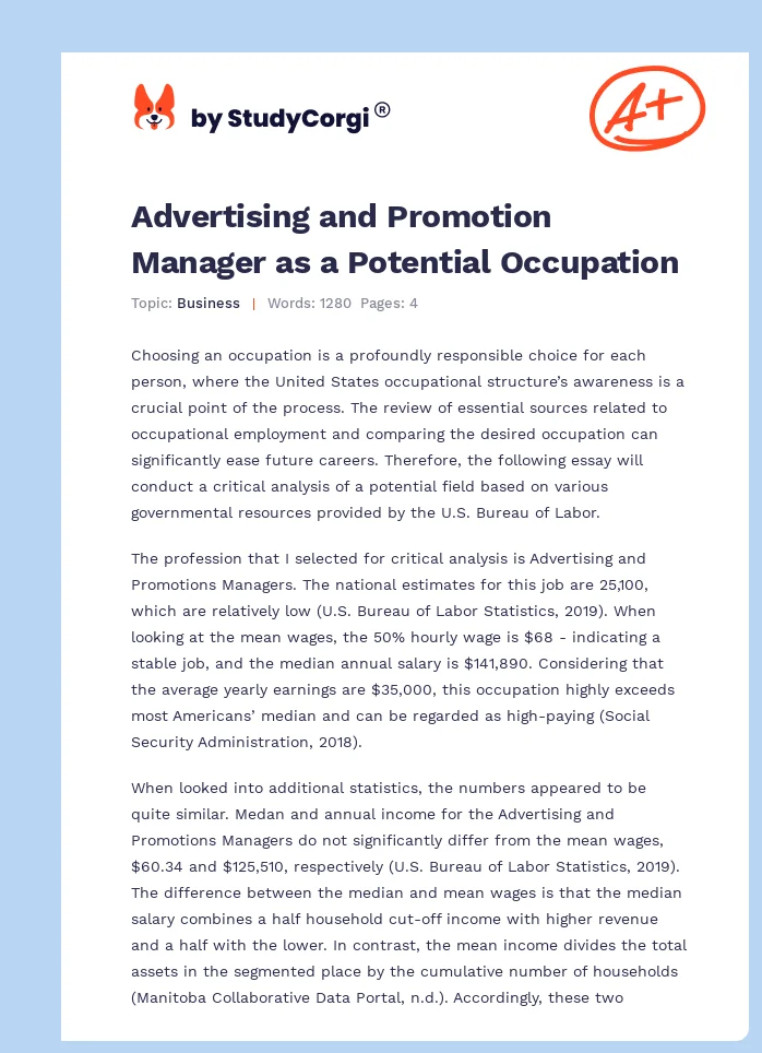 Advertising and Promotion Manager as a Potential Occupation. Page 1