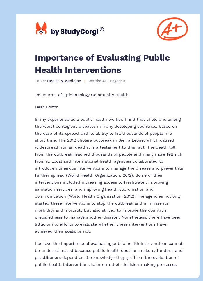 Importance of Evaluating Public Health Interventions. Page 1