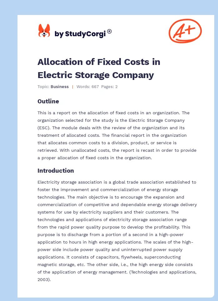 Allocation of Fixed Costs in Electric Storage Company. Page 1