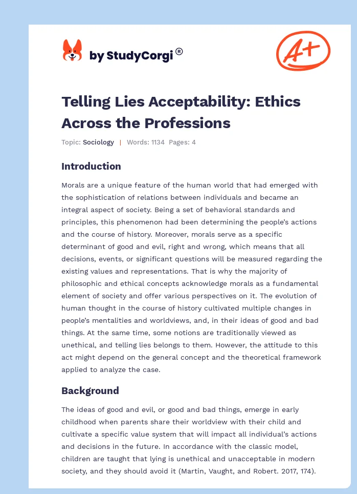 Telling Lies Acceptability: Ethics Across the Professions. Page 1