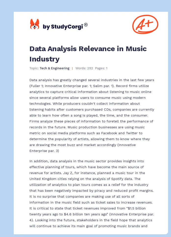 Data Analysis Relevance in Music Industry. Page 1