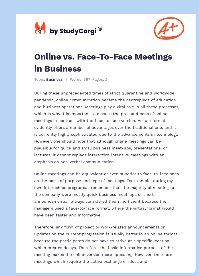 Online vs. Face-To-Face Meetings in Business. Page 1