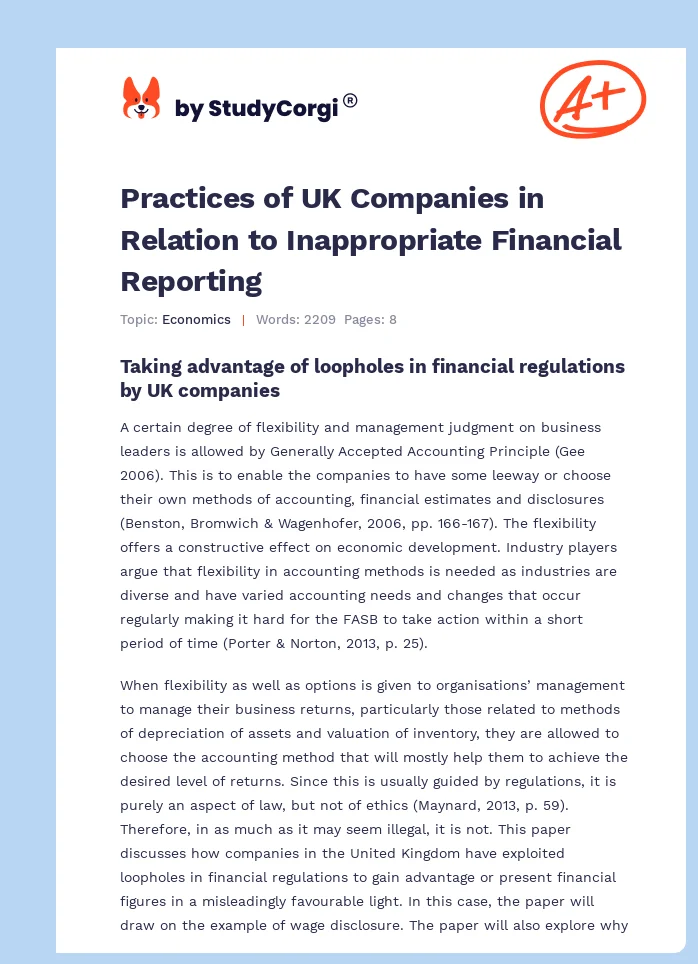 Practices of UK Companies in Relation to Inappropriate Financial Reporting. Page 1