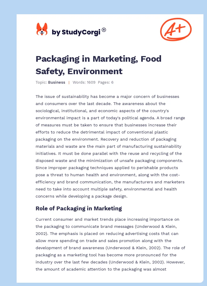 Packaging in Marketing, Food Safety, Environment. Page 1