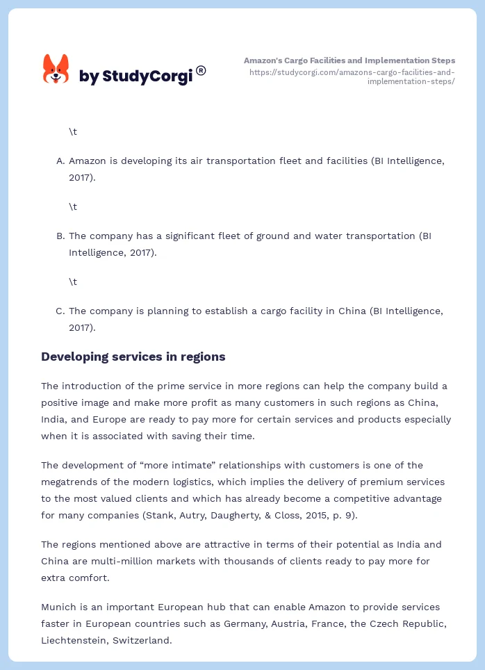 Amazon's Cargo Facilities and Implementation Steps. Page 2
