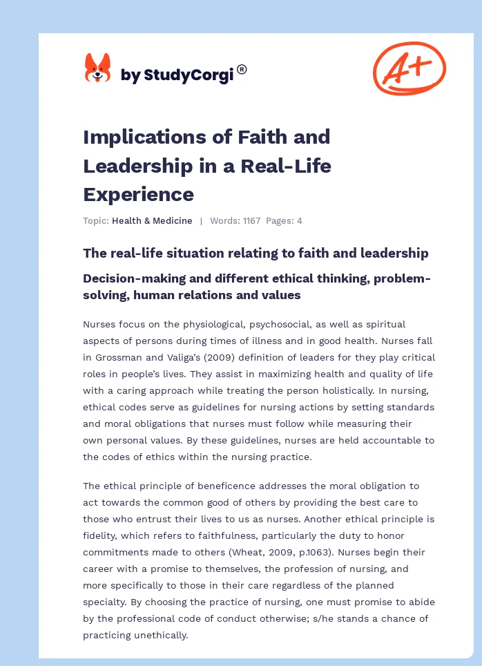 Implications of Faith and Leadership in a Real-Life Experience. Page 1