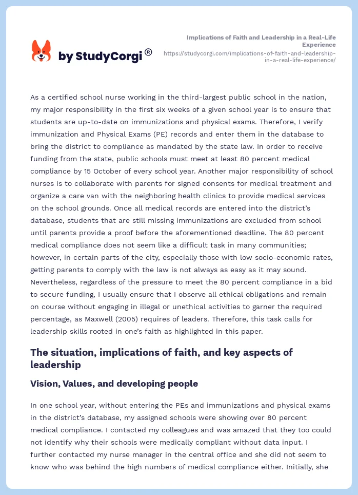 Implications of Faith and Leadership in a Real-Life Experience. Page 2