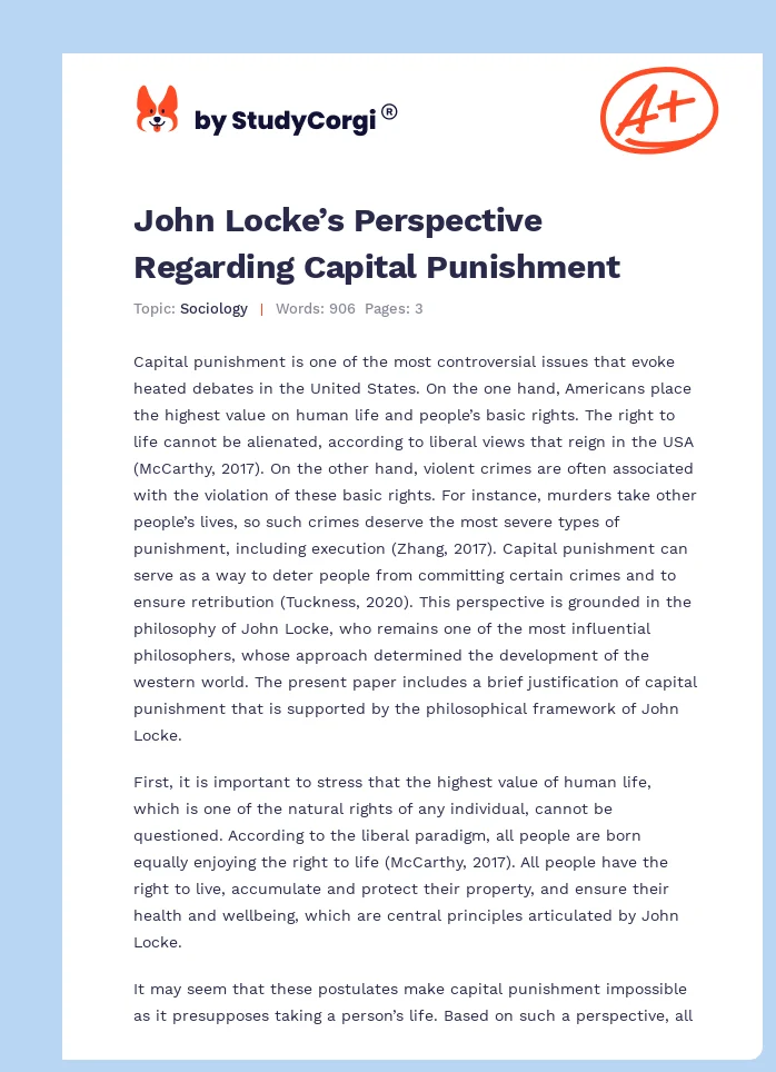 John Locke’s Perspective Regarding Capital Punishment. Page 1
