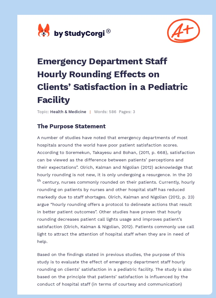 Emergency Department Staff Hourly Rounding Effects on Clients’ Satisfaction in a Pediatric Facility. Page 1