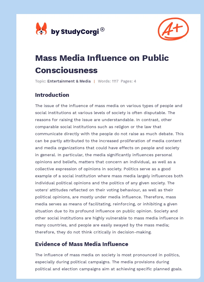 Mass Media Influence on Public Consciousness. Page 1