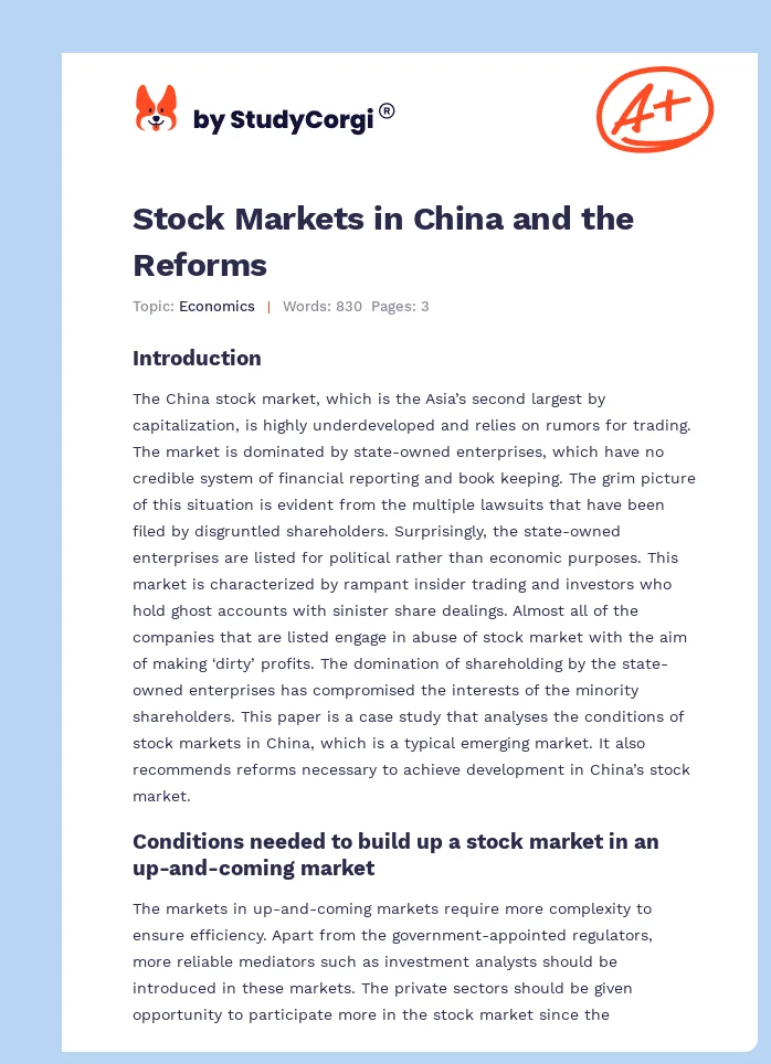 Stock Markets in China and the Reforms. Page 1