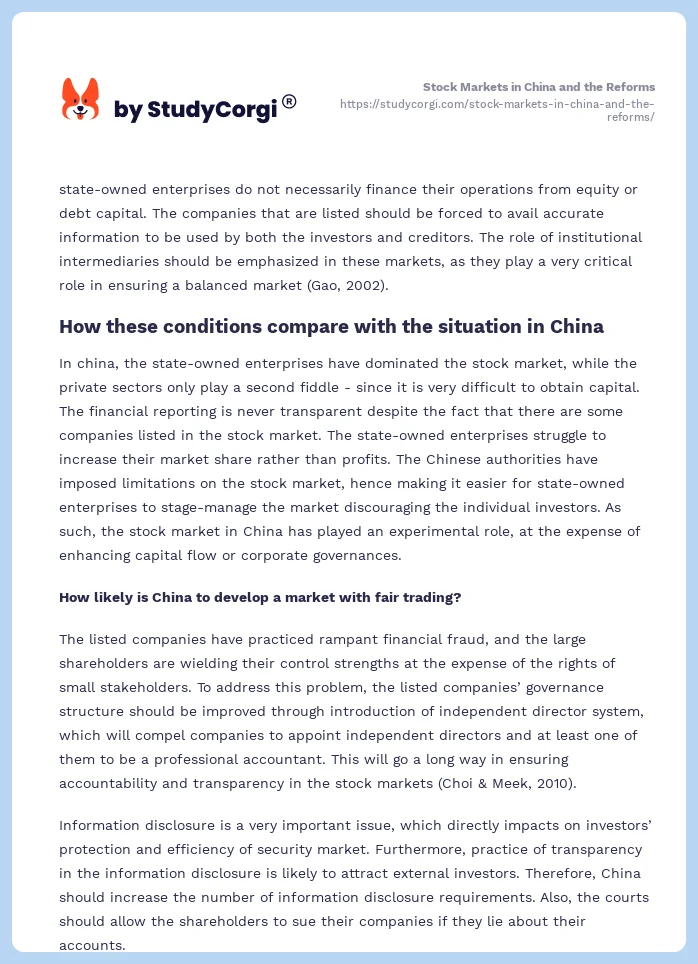 Stock Markets in China and the Reforms. Page 2