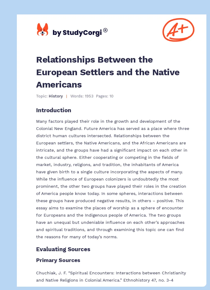 Relationships Between the European Settlers and the Native Americans. Page 1