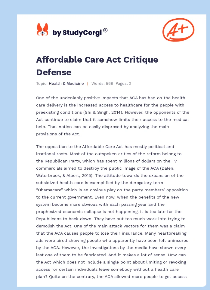 Affordable Care Act Critique Defense. Page 1