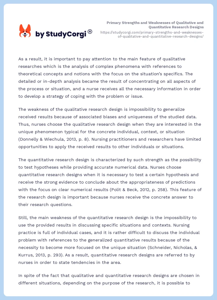 Primary Strengths and Weaknesses of Qualitative and Quantitative Research Designs. Page 2