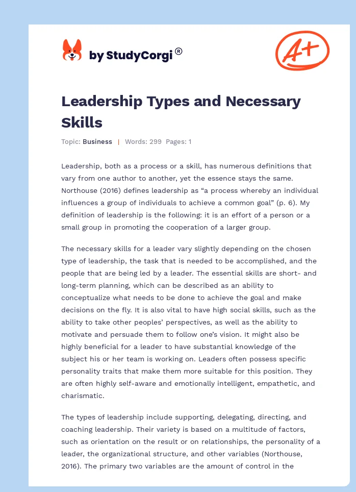 Leadership Types and Necessary Skills. Page 1
