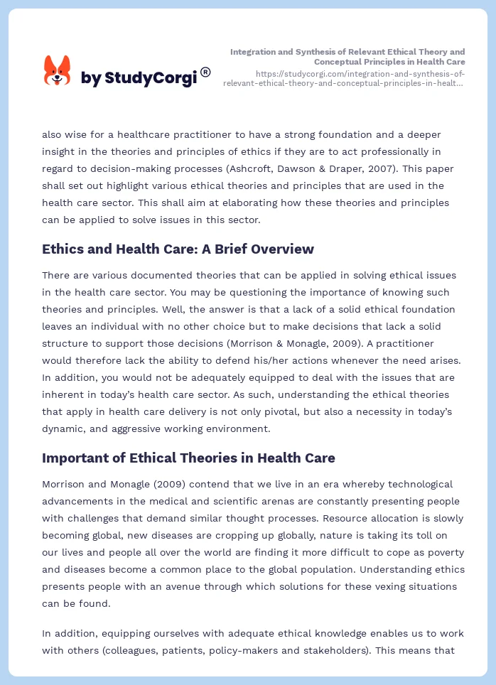 Integration and Synthesis of Relevant Ethical Theory and Conceptual Principles in Health Care. Page 2