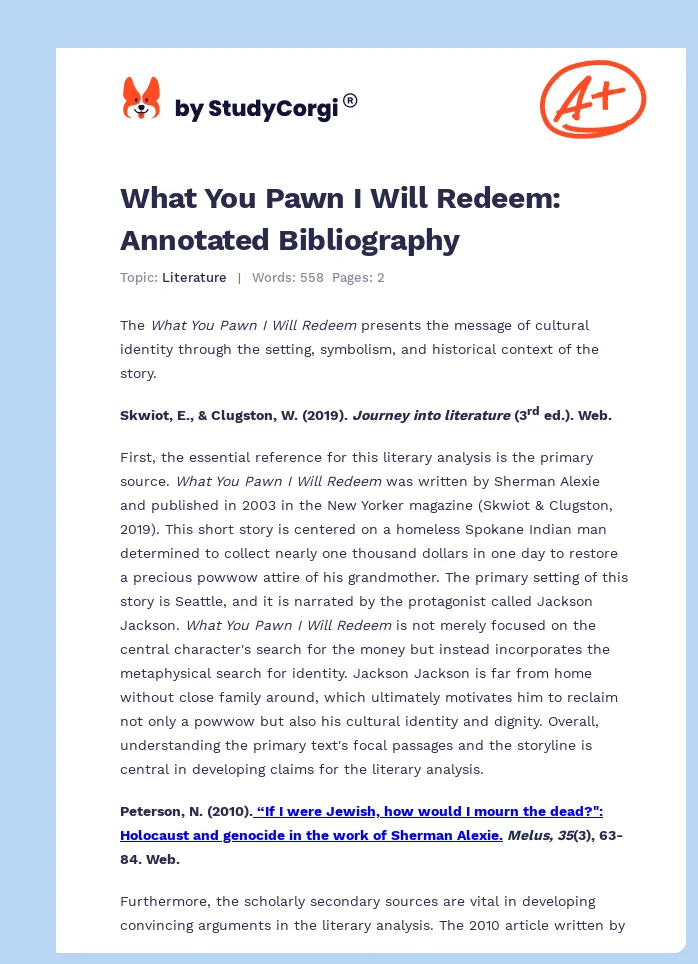 What You Pawn I Will Redeem: Annotated Bibliography. Page 1