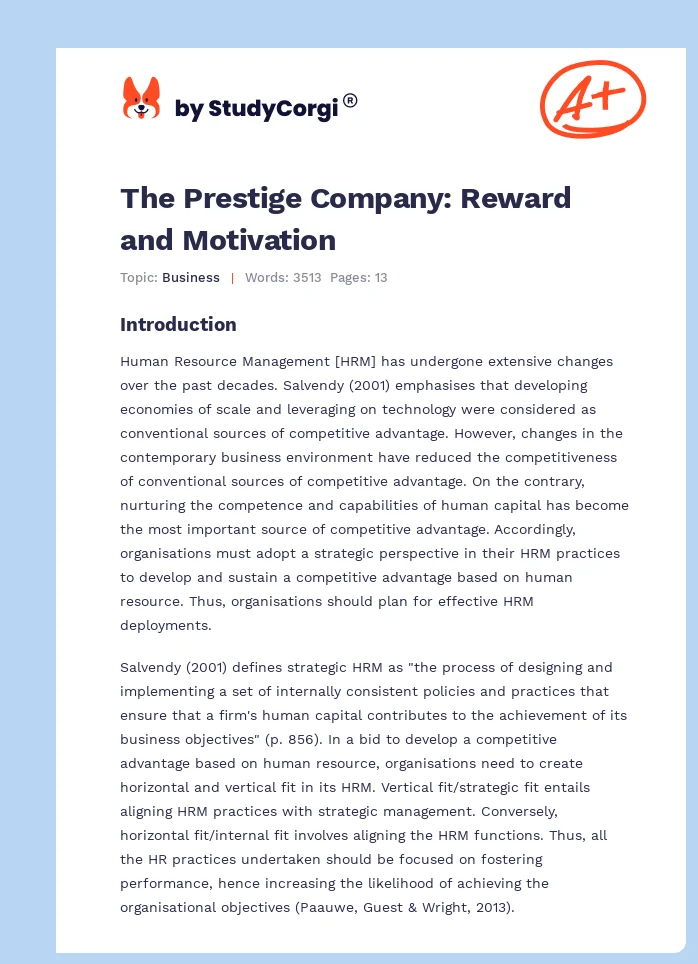 The Prestige Company: Reward and Motivation. Page 1