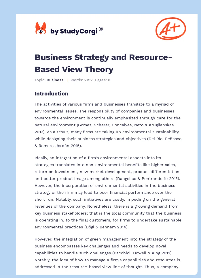 Business Strategy and Resource-Based View Theory. Page 1