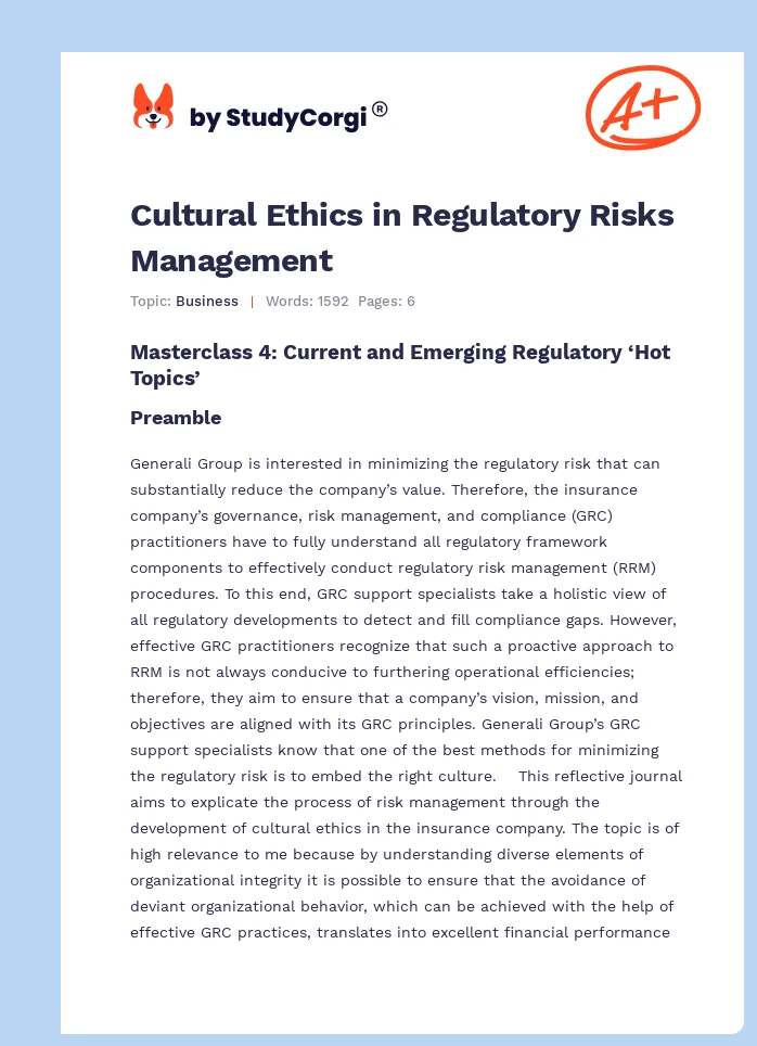 Cultural Ethics in Regulatory Risks Management. Page 1