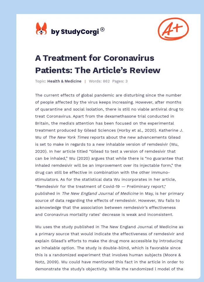 A Treatment for Coronavirus Patients: The Article’s Review. Page 1