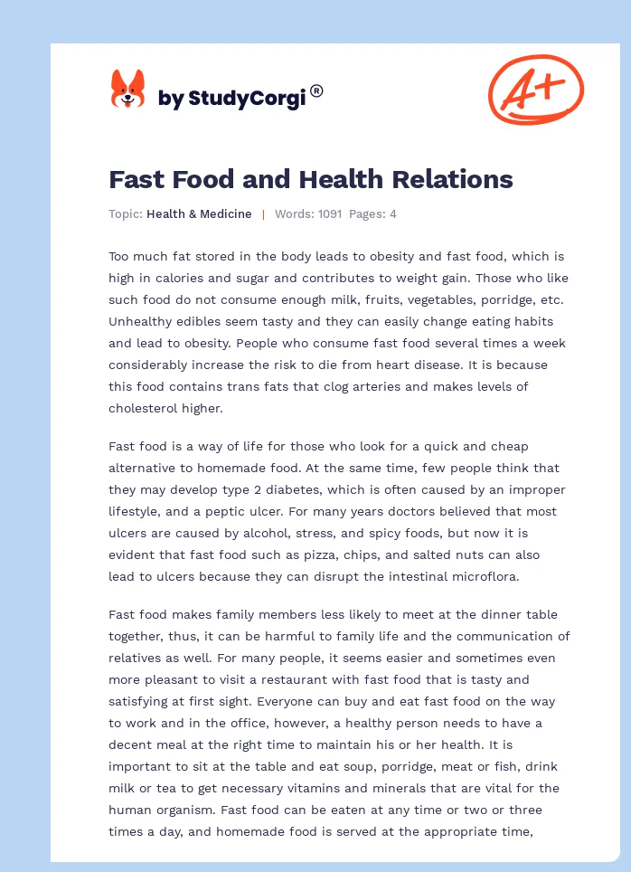 Fast Food and Health Relations. Page 1