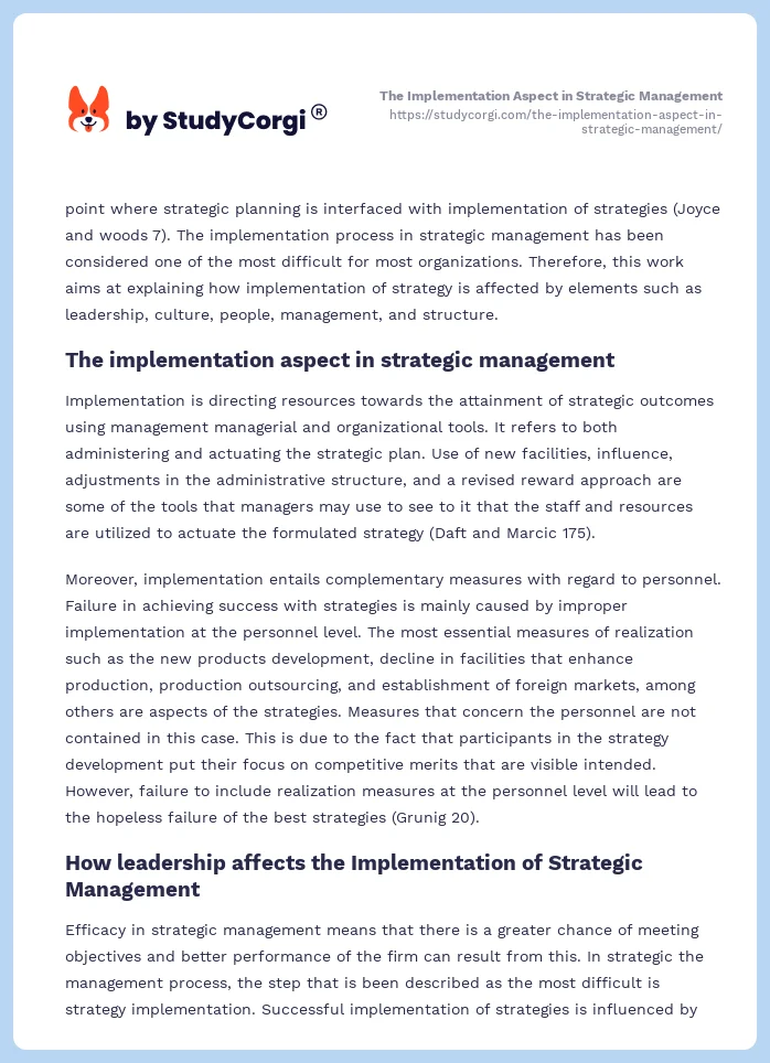 The Implementation Aspect in Strategic Management. Page 2