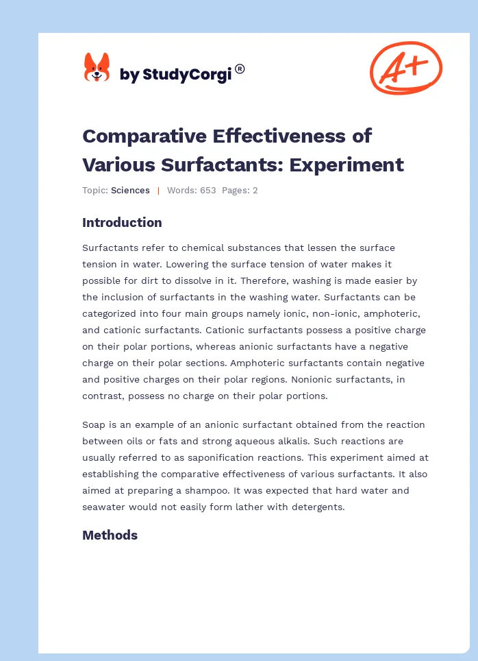 Comparative Effectiveness of Various Surfactants: Experiment. Page 1