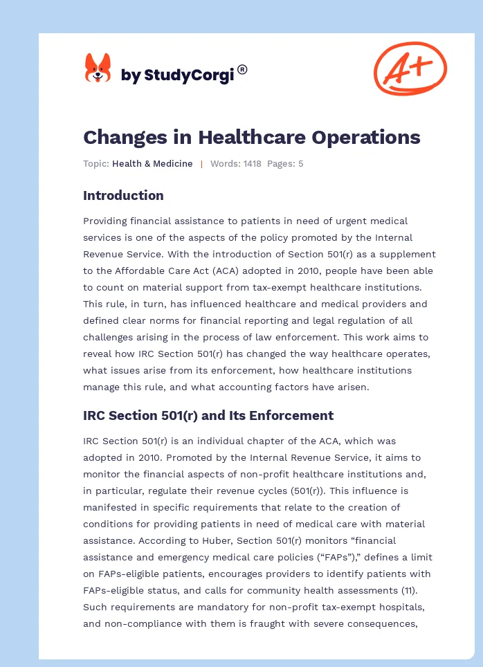 Changes in Healthcare Operations. Page 1