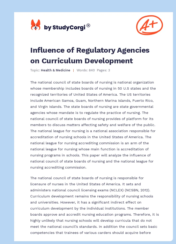 Influence of Regulatory Agencies on Curriculum Development. Page 1