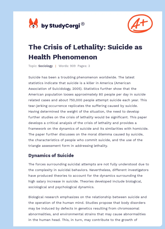 The Crisis of Lethality: Suicide as Health Phenomenon. Page 1