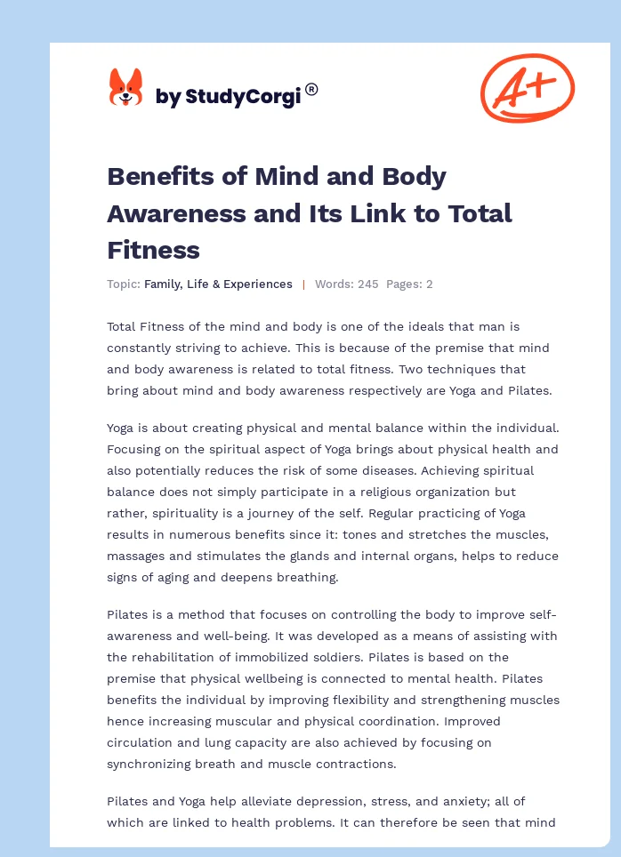 Benefits of Mind and Body Awareness and Its Link to Total Fitness. Page 1