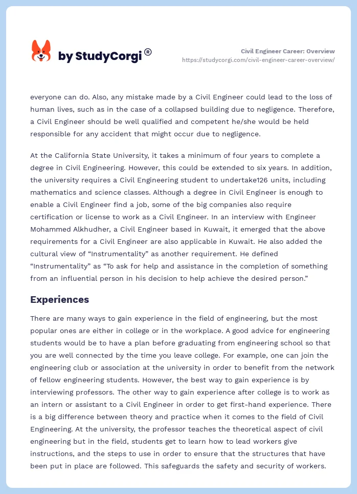 Civil Engineer Career: Overview. Page 2