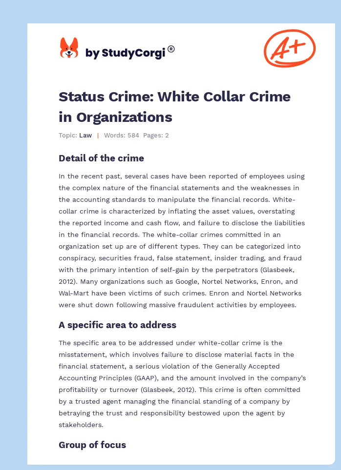 Status Crime: White Collar Crime in Organizations. Page 1
