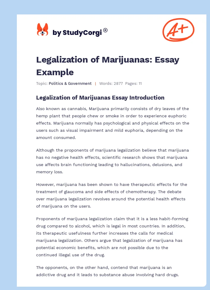 Legalization of Marijuanas: Essay Example. Page 1