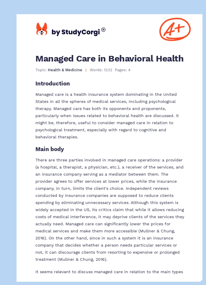 Managed Care in Behavioral Health. Page 1